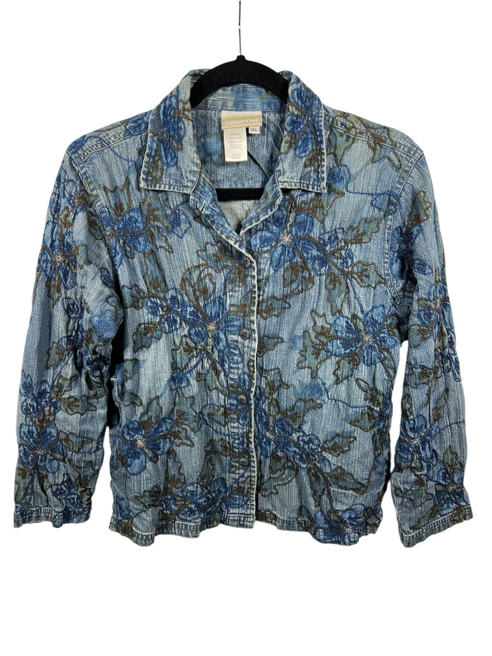Coldwater Creek Jacket Women Large Petite Denim Jean Jacket Embroidered Textured